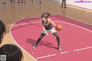 A woman holding a basketball on a basketball court.