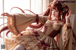 A woman in a dress sitting on a chair.