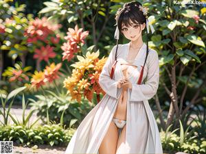 A woman in a white kimono sitting on a bed.