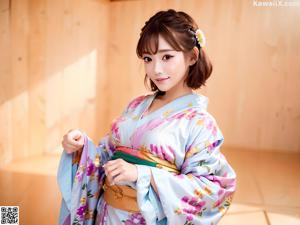 A woman in a blue and yellow kimono posing for the camera.