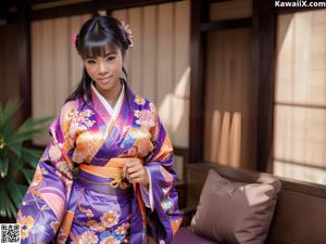 A woman in a blue and orange kimono posing for a picture.