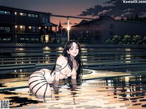 A woman in a white bathing suit standing next to a pool.