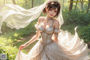 A woman in a white dress with a flower crown on her head.