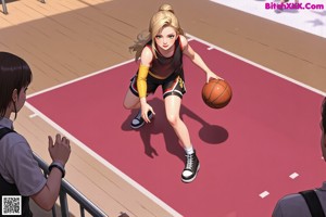 A woman in a white shirt and green shorts playing basketball.