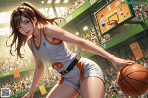 A girl holding a basketball on a basketball court.