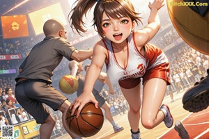 A woman in a green and white uniform holding a basketball.