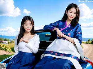 A woman in a white hanbok is posing for a picture.