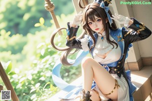 A woman in a blue and white outfit holding a sword.