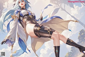 A woman with long blue hair wearing a blue and black outfit.