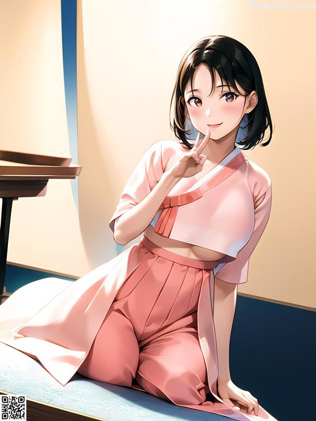 A woman in a pink kimono sitting on a bed.