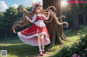 A woman in a red and white dress sitting on a couch.