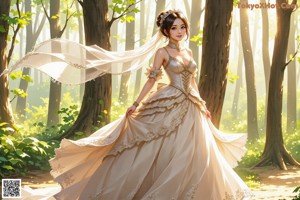 A woman in a wedding dress standing in the woods.