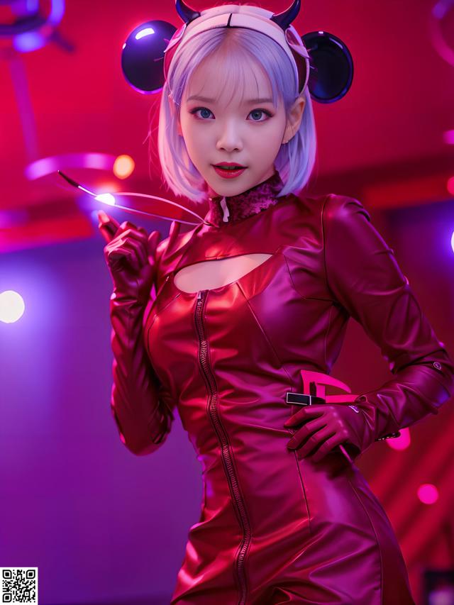 A woman in a red latex outfit holding a wand.