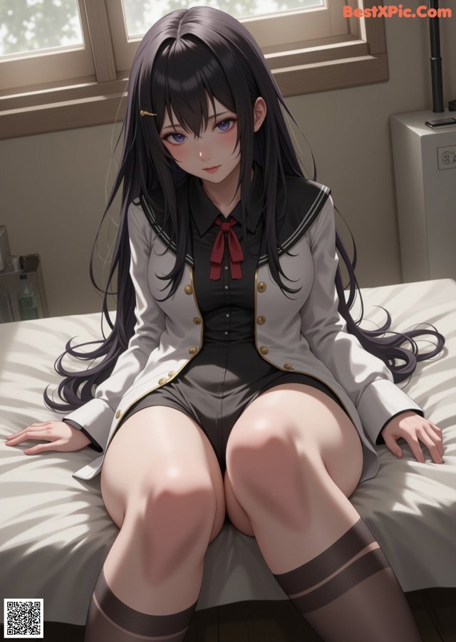A woman sitting on top of a bed next to a window.