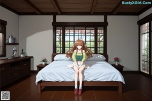 Anime girl with long brown hair standing in front of a window.
