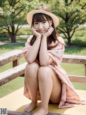 A woman in a pink dress sitting on a wooden bench.