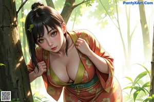 A naked woman in a kimono standing in the woods.