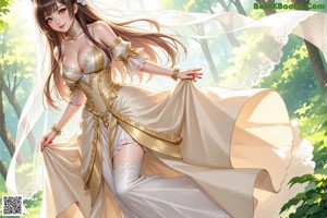 A woman in a wedding dress standing in the woods.
