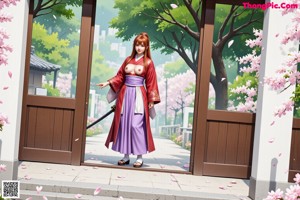 A woman in traditional attire holds a sword, surrounded by blossoms.