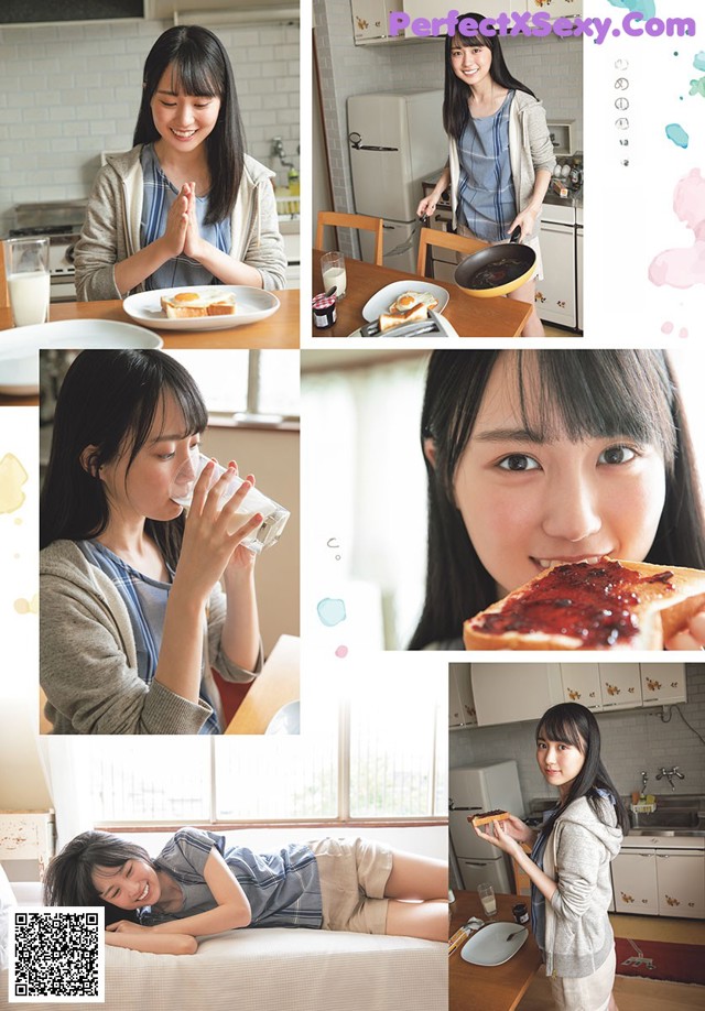 A collage of photos of a woman eating pizza and drinking milk.