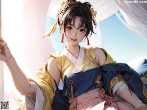 A woman in a kimono is standing in the water.