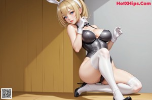 A woman in a bunny costume sitting on a bed.