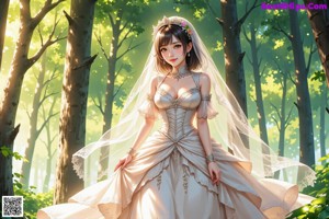 A woman in a white dress standing in a forest.