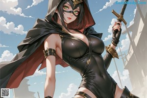 A woman in a black and red outfit holding a sword.