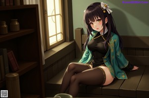 A woman in a kimono sitting on a bed.