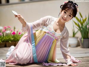 A woman in a purple and white kimono posing for a picture.