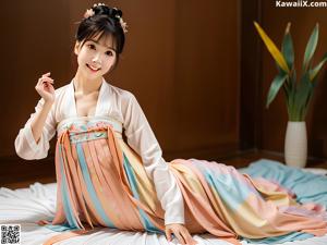 A woman in a pink robe is posing for the camera.