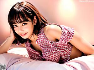 A woman sitting on top of a couch next to a wall.