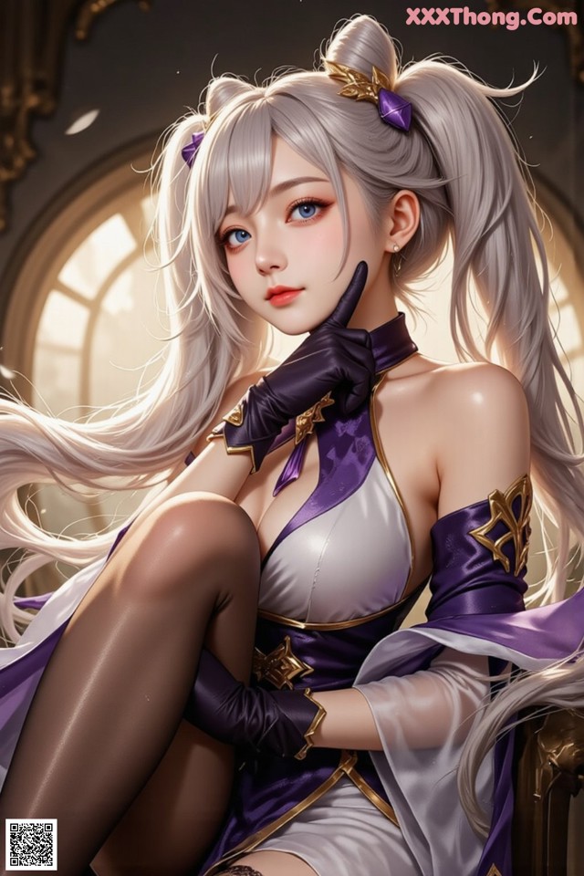 Hentai - Sovereign of Lightning in Exquisite Garb Set.2 20250126 Part 9 No.5fc770 A woman with long white hair sitting on a chair.