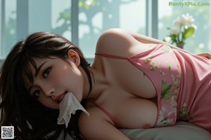 A woman in a pink lingerie posing for a picture.