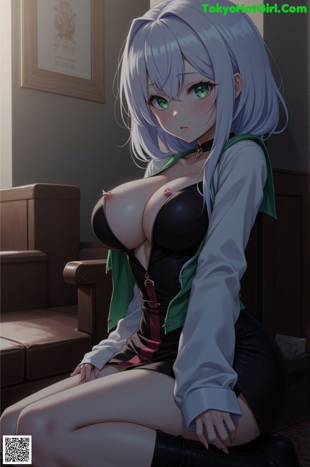 Anime girl with big tits sitting on a couch.