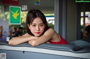 A woman in a green lingerie sitting on a window sill.