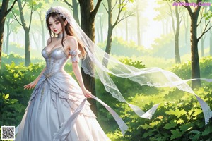 A woman in a wedding dress standing in the woods.