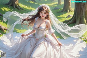 A woman in a white dress is posing for a picture.