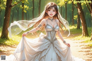 A woman in a wedding dress standing in the woods.