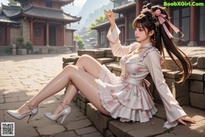 A woman in a white dress with pink flowers on it.