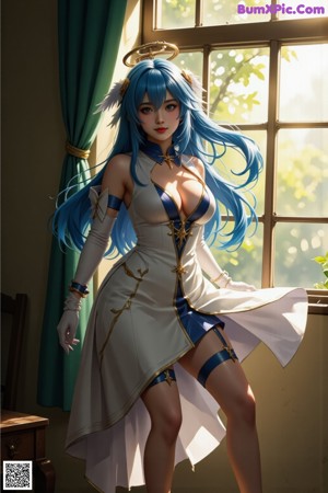 A woman in a white dress sitting on a window sill.
