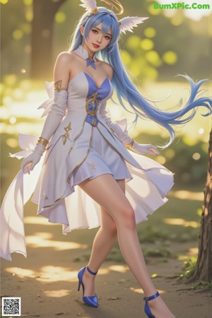 A woman with long blue hair wearing a corset and gloves.