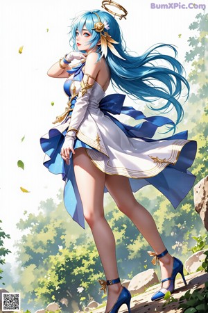 A woman with blue hair and white wings posing for a picture.