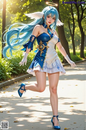 a sexy anime girl with blue hair and a white dress