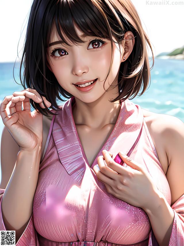 A woman in a pink dress standing on a beach.