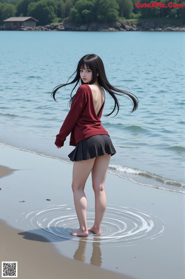 A woman standing in the water on a beach.