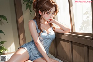 A woman sitting on top of a bed next to a pillow.