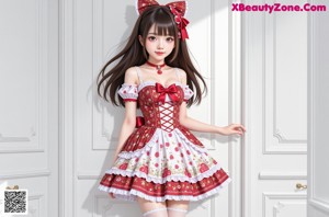 A girl in a red and white dress sitting on a bench.