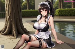 A woman in a maid outfit sitting next to a pool.